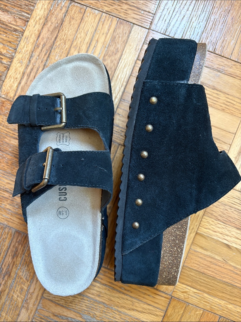 Cushionaire 6.5 Black Suede Studded Platform Slide Sandals